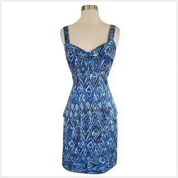 Maggy L London Blue Jacquard Ikat Print Empire Tank Summer Pocket Dress 10 - Picture 1 of 4